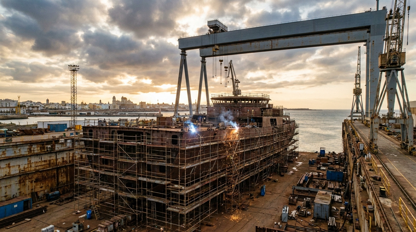 Partner Odoo Cádiz para construcción naval: astillero de la bahía con un casco de buque en construcción