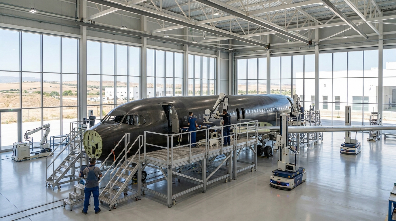 Partner Odoo Cádiz para aeronáutica: hangar de montaje de fuselaje y componentes de precisión