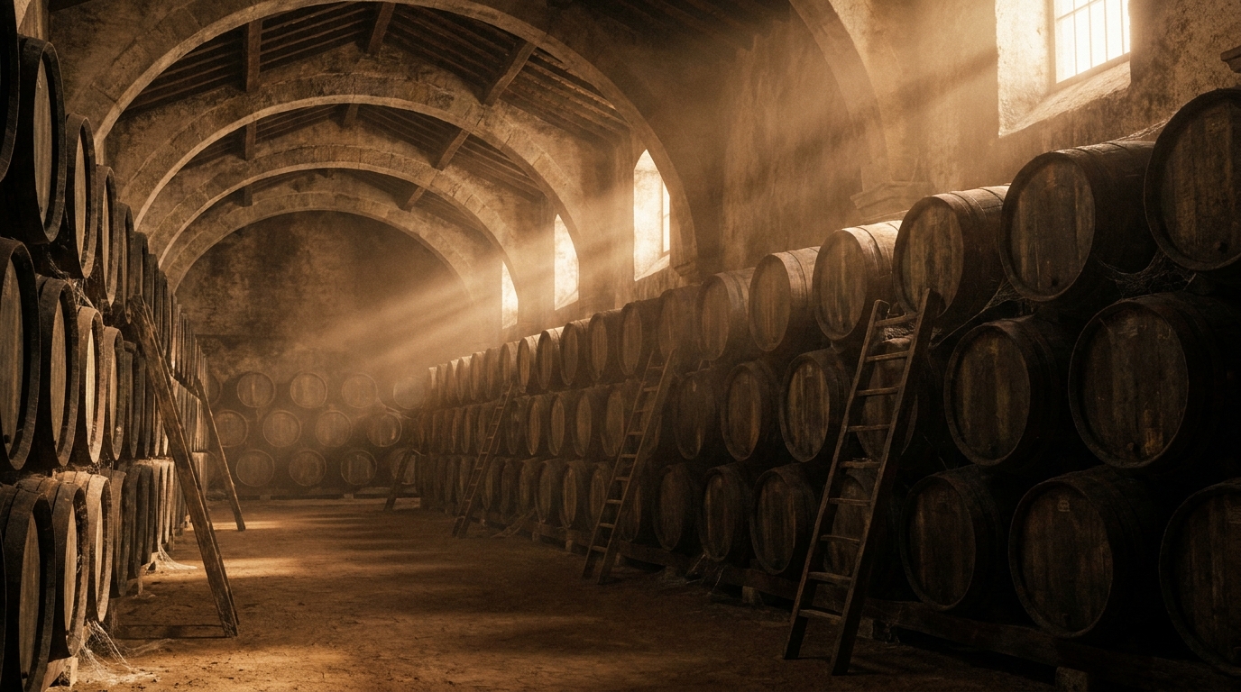 Partner Odoo Cádiz para vino de Jerez: bodega de crianza con botas de roble en criaderas y soleras