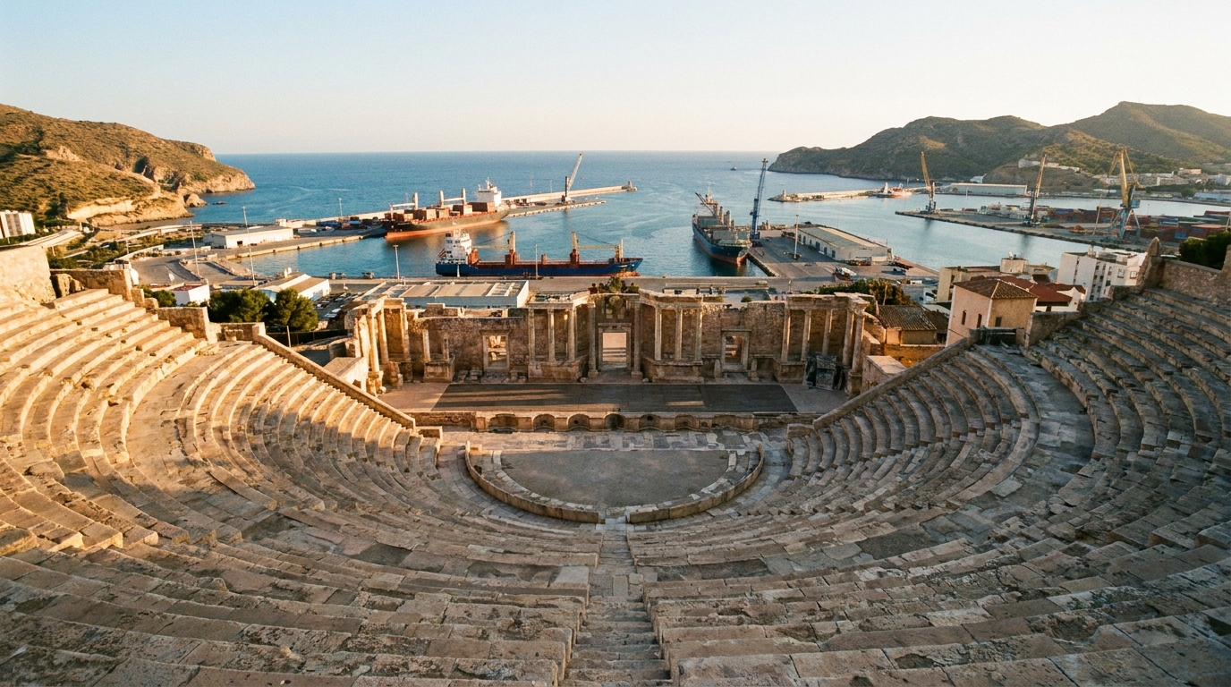 Partner Odoo Cartagena: el puerto industrial y el Teatro Romano de Cartagena al atardecer