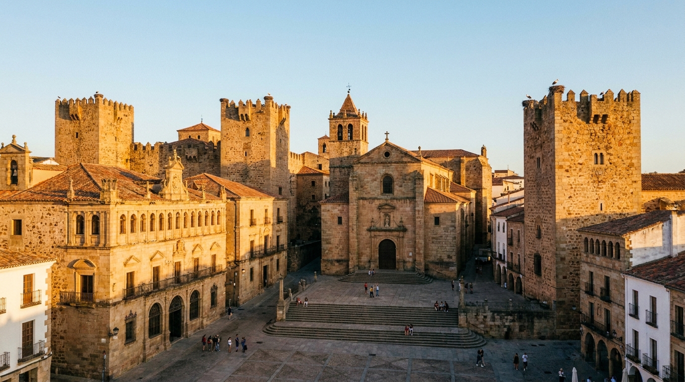 Partner Odoo Cáceres — la ciudad monumental de Cáceres, sus torres de piedra dorada al atardecer, Patrimonio de la Humanidad