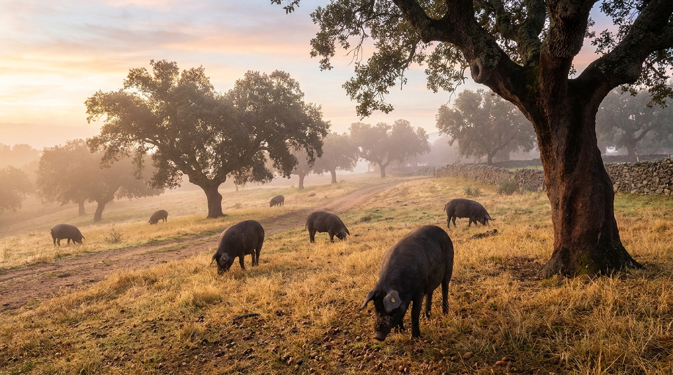 Partner Odoo Cáceres para el agroalimentario: cerdos ibéricos en la dehesa extremeña al amanecer