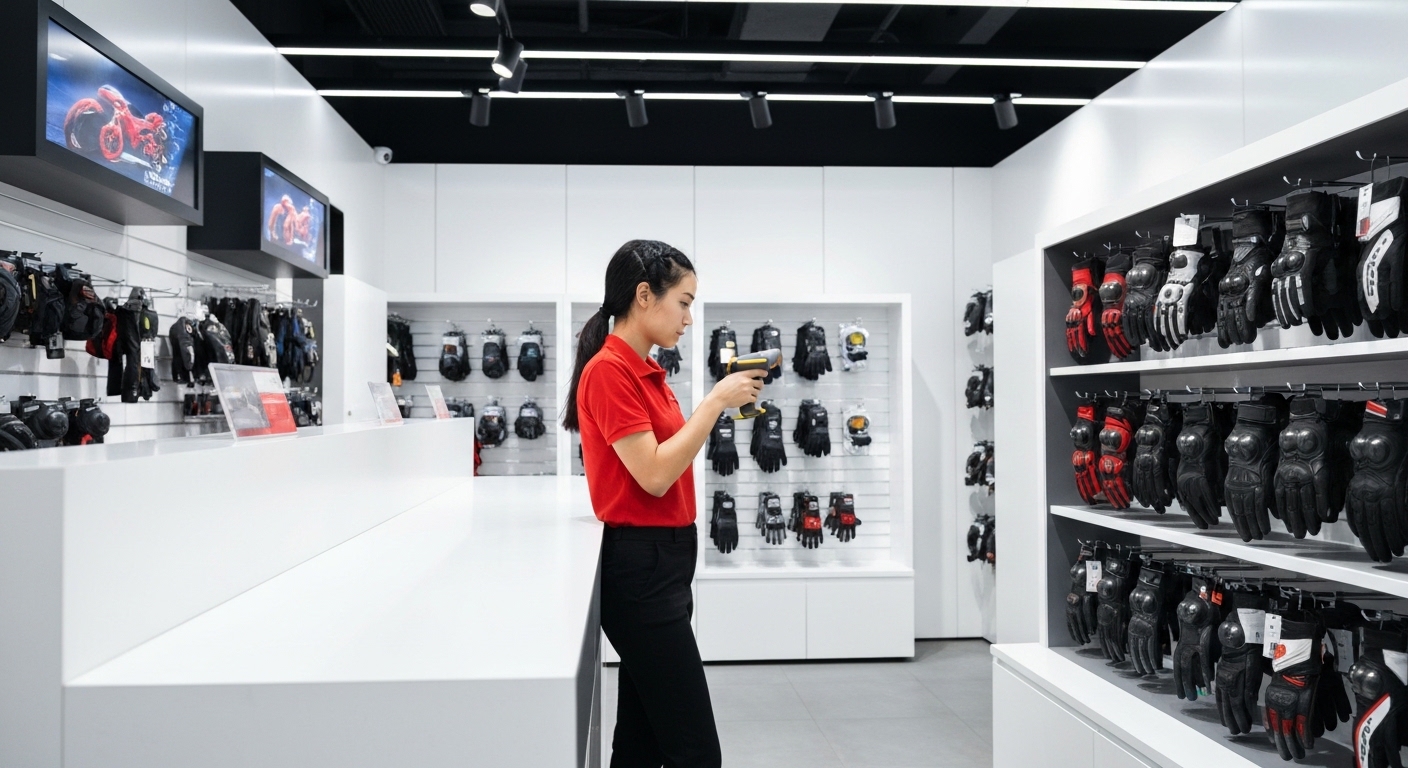 Escaner de codigos de barras comprobando stock de guantes de moto