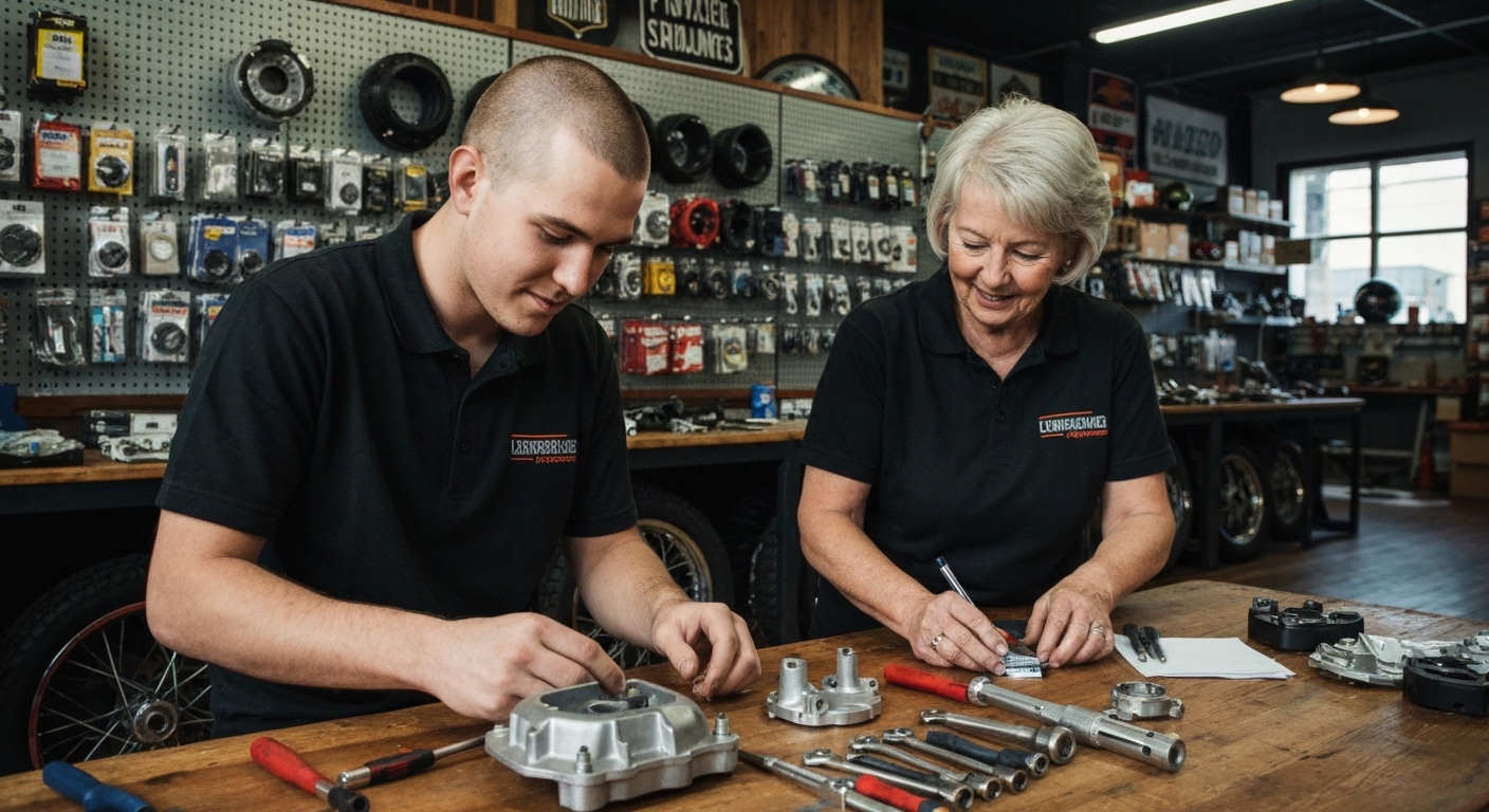 Personal de tienda de moto haciendo inventario fisico