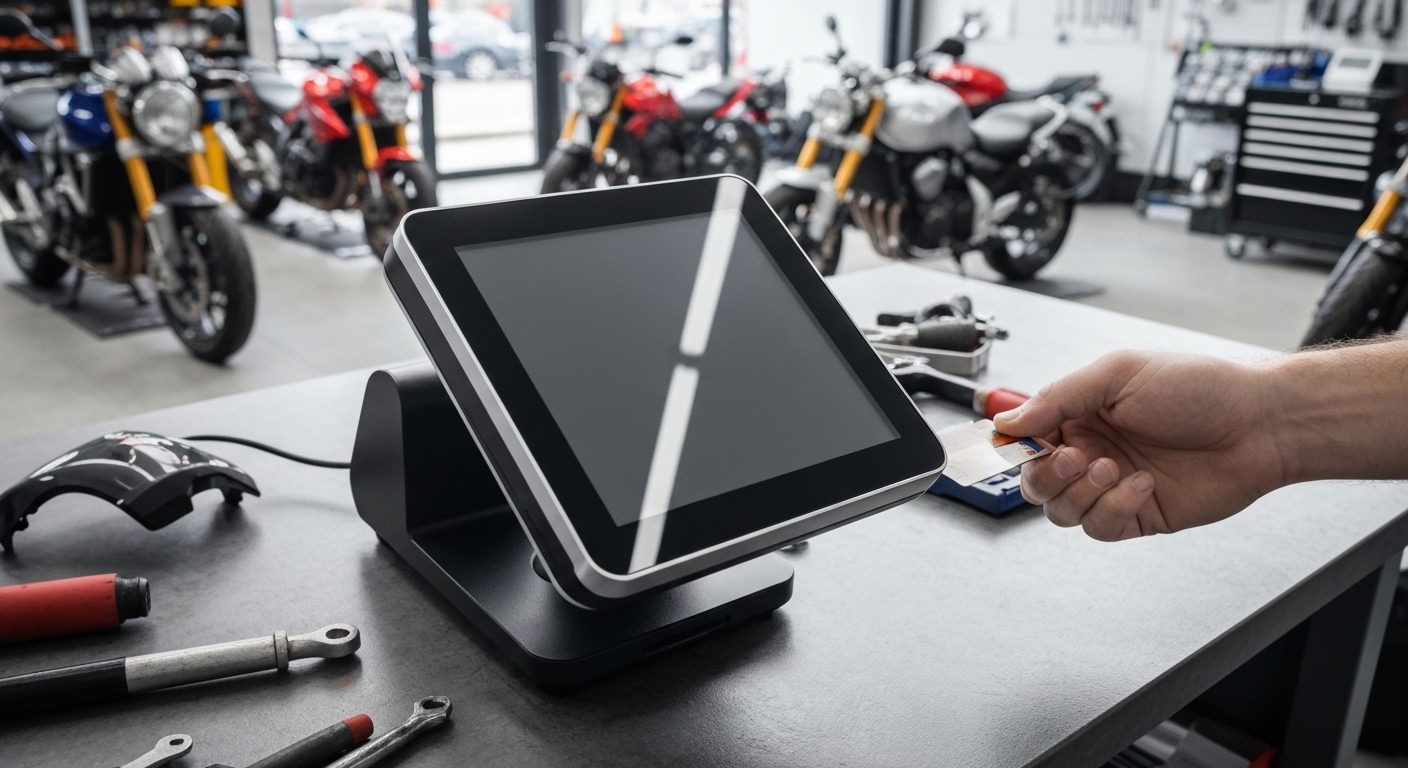Terminal punto de venta tactil con pago con tarjeta en tienda de motos